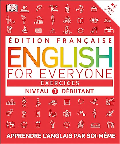 Red English practice book, French edition, with illustrated icons around text.