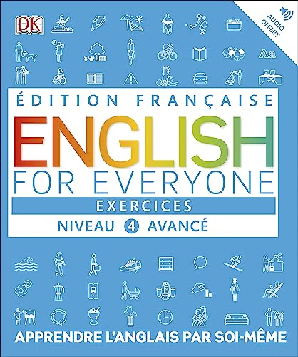 Blue English practice book, French edition, level 4 advanced, with icons.