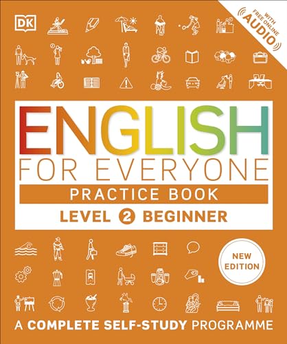Orange English practice book cover with icons, titled "Level 2 Beginner.