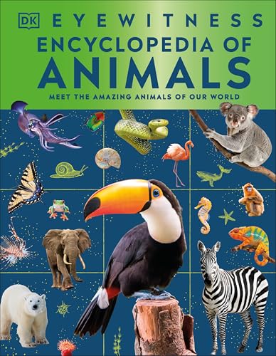Book cover featuring diverse animal species collage, titled “Eyewitness Encyclopedia of Animals”.