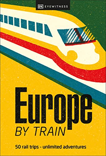 Europe by Train" guidebook cover with a stylized train illustration.