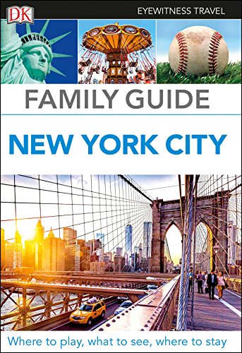 NYC travel guide cover featuring Statue of Liberty, Brooklyn Bridge, and carousel.