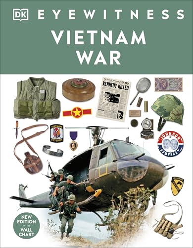 Book cover featuring a military helicopter, soldiers, and various Vietnam War artifacts on white.