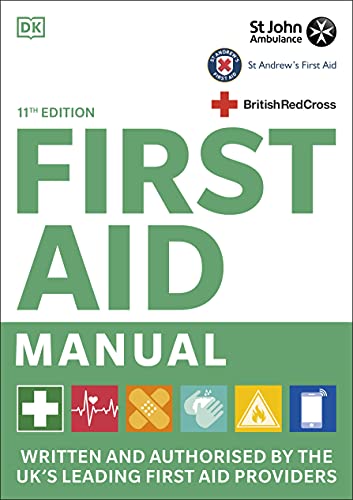 Green “First Aid Manual” 11th edition cover with logos and illustrations.