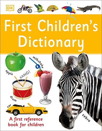 Cover of "First Children’s Dictionary" featuring colorful images of objects and animals.