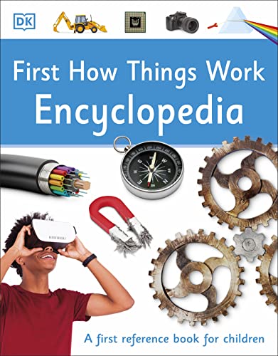 Cover of First How Things Work Encyclopedia featuring a child wearing a VR headset.