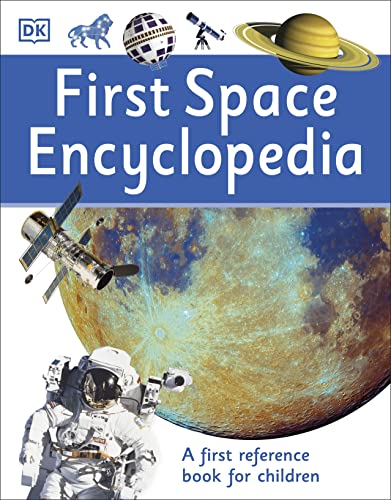 Book cover: “First Space Encyclopedia” with planets, astronaut, and satellite.