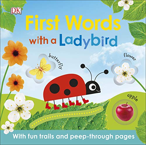 Children’s book cover with a red ladybird, flowers, and an apple.