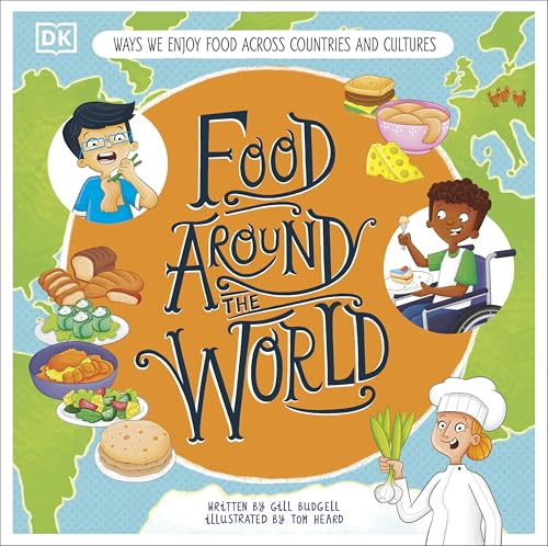 Book cover: "Food Around the World" with illustrations of food and people.