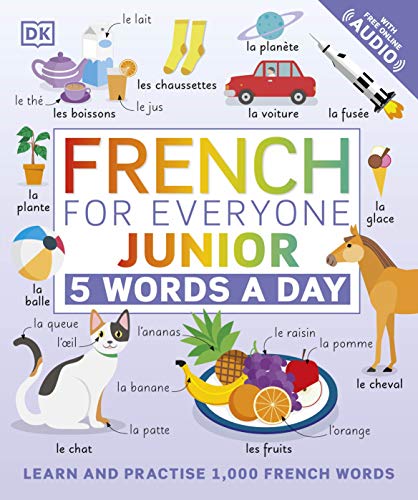 Book cover for French for Everyone Junior featuring colorful illustrations of objects with French labels.