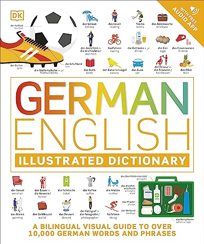 Colorful illustrated German-English dictionary cover with example images.