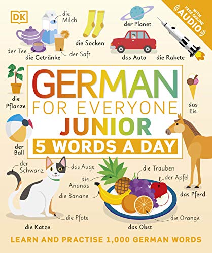 Colourful book cover with German words and illustrations for young learners of German language.