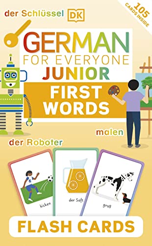 Product box for German for Everyone Junior First Words flash cards with illustrated examples.