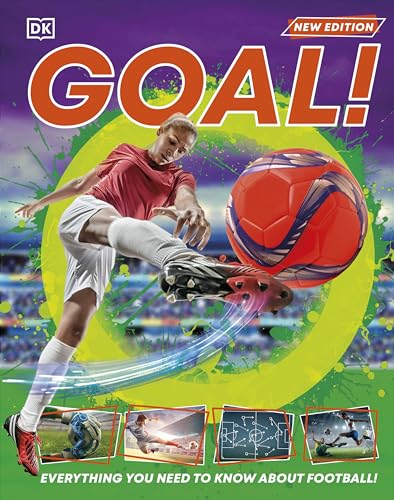 A soccer player kicks a ball on a book cover titled Goal! with stadium background.