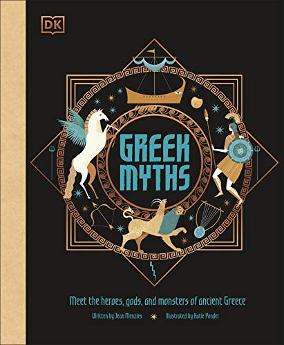 Book cover titled Greek Myths featuring illustrations of Pegasus, a warrior, and a chimera.