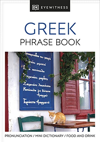 Cover of the DK Eyewitness Greek Phrase Book showing a cat on a cafe table.