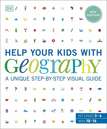 Geography textbook cover with colorful icons and title, for ages 10-16.