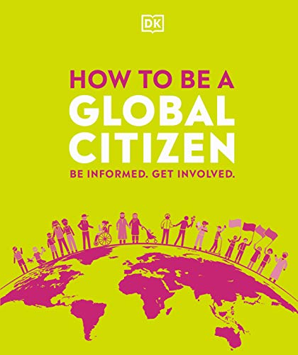 Bright yellow book cover with pink world map and diverse people.