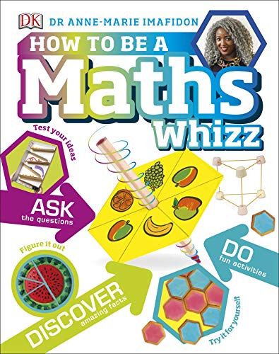 Book cover: "Maths Whizz" with colourful illustrations and a woman’s portrait.