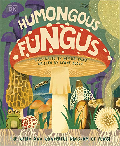 "Book cover featuring a large red and white mushroom surrounded by various fungi and a frog."
