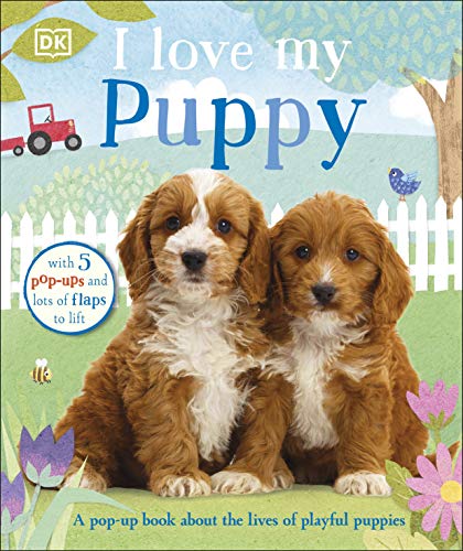 Book cover featuring two fluffy brown puppies and a white picket fence.