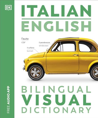 Italian English bilingual visual dictionary with a yellow vintage car.