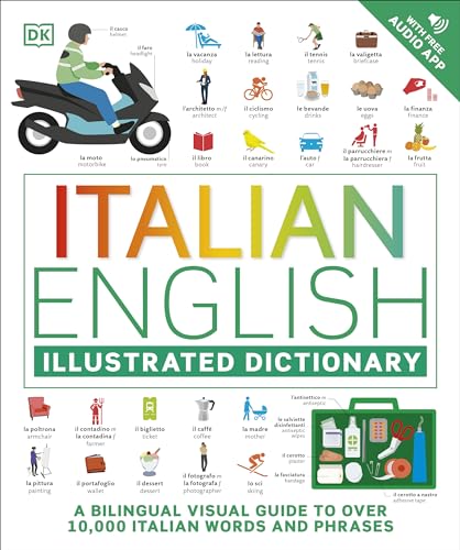Cover of "Italian English Illustrated Dictionary" with colorful images and text.