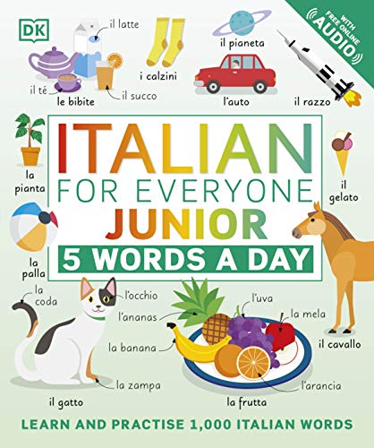 Book cover titled Italian for Everyone Junior featuring various illustrated objects with Italian labels.