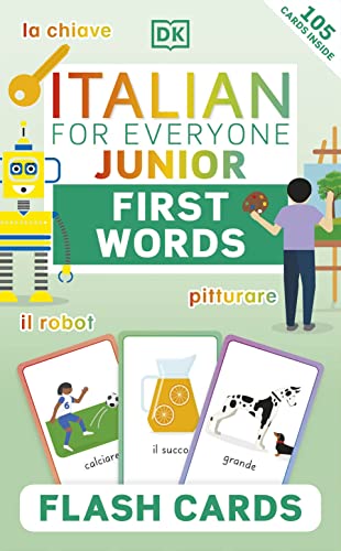 Italian language flash cards with colorful illustrations of common objects.