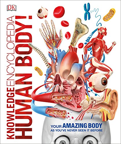 "Book cover with human body parts and organs, titled 'Knowledge Encyclopedia Human Body!'".