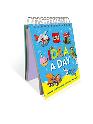 Spiral-bound LEGO calendar with colorful building illustrations on a blue cover.