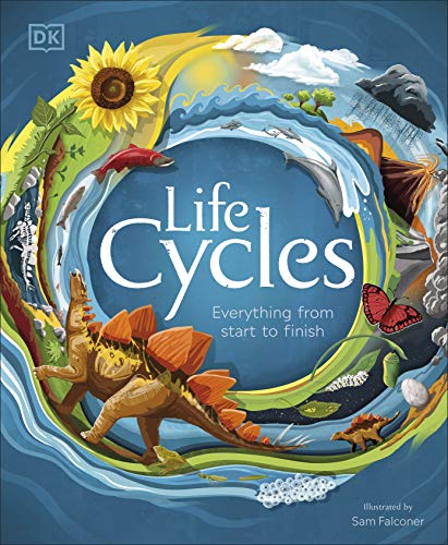 Book cover showing a circular illustration of various life cycles including dinosaurs, plants, and animals.