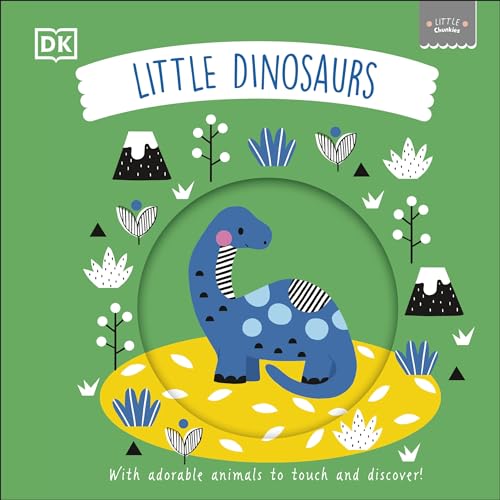Board book cover with a blue dinosaur and green, patterned background.