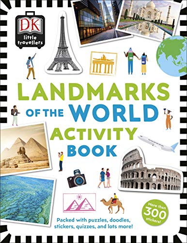 Activity book cover featuring illustrations of world landmarks, a globe, and travel-themed icons.