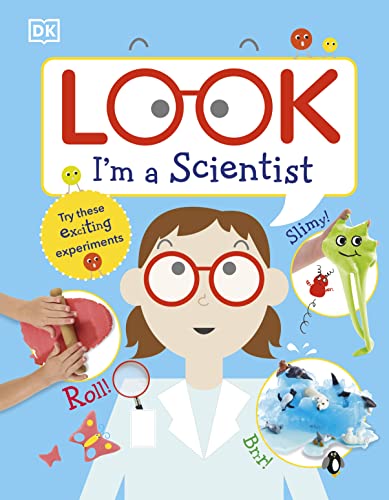 Book cover featuring an illustrated scientist with red glasses surrounded by science experiment images.