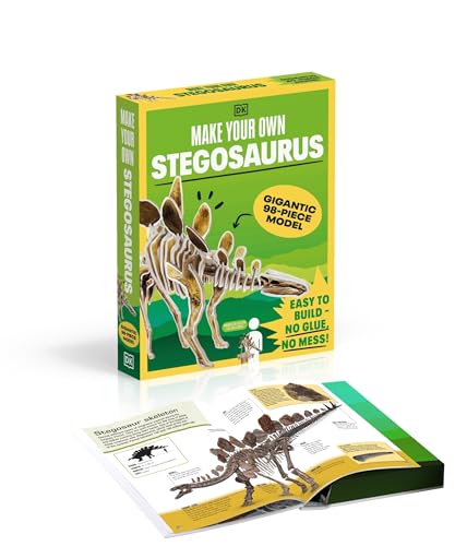 Boxed Stegosaurus model kit with an open book showing a dinosaur skeleton.