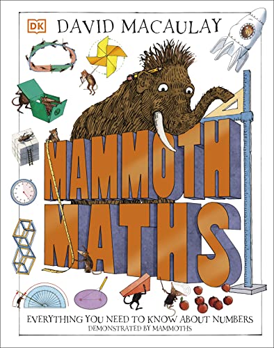 Book cover: "Mammoth Maths" with illustrations of a mammoth and geometric shapes.