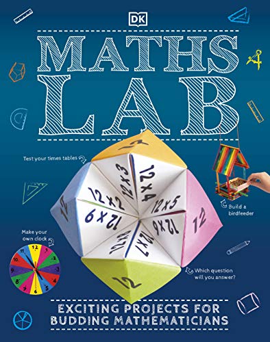 Book cover with colorful maths projects, a paper fortune teller, and birdhouse.