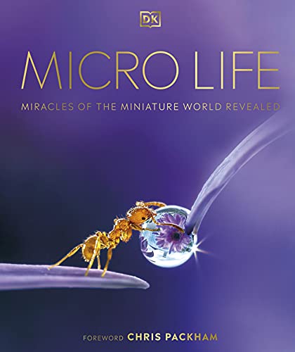 Book cover: “Micro Life” with an ant on a water droplet.