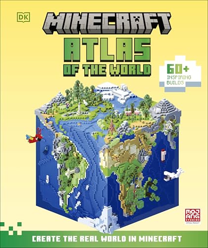Minecraft book cover depicting a blocky, cubed world map with builds.