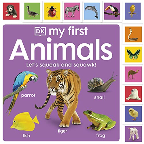 Board book cover featuring diverse animal images and bold purple background.