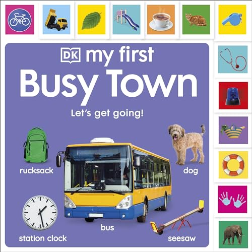 Children’s book cover with a yellow bus, dog, and town objects.