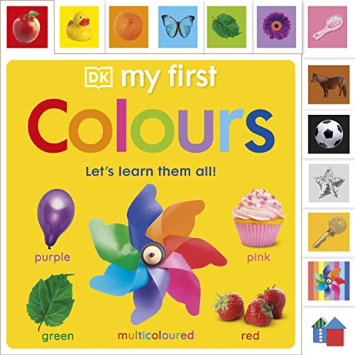 Bright board book cover displaying colourful objects for learning colours.