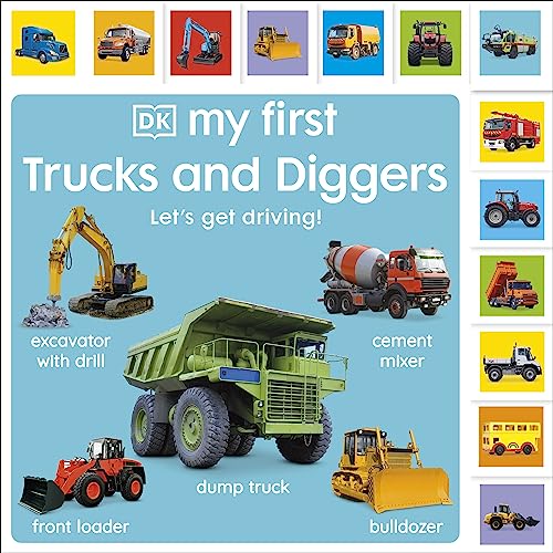 Board book cover featuring colorful illustrations of various trucks and diggers.