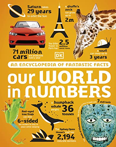 Book cover: "Our World in Numbers" with facts and illustrated images.