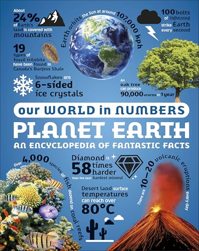 Infographic displaying Earth facts with images of landscapes, wildlife, and minerals.