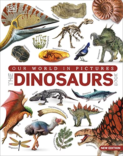Book cover titled The Dinosaur Book featuring various prehistoric animals, fossils, and plant illustrations.