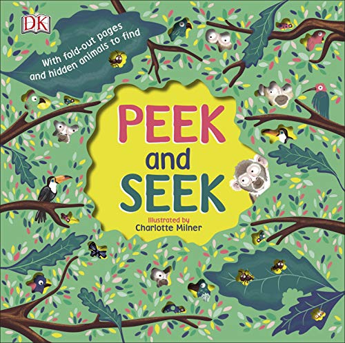 The image shows a children's book cover titled "Peek and Seek". The alt text for this image is: "Children's book cover with forest animals hidden among leaves and branches."
