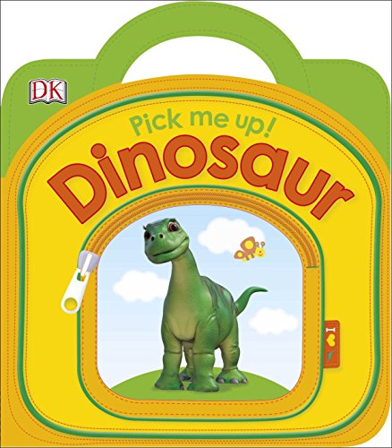 Green dinosaur book with a handle and a visible zipper.