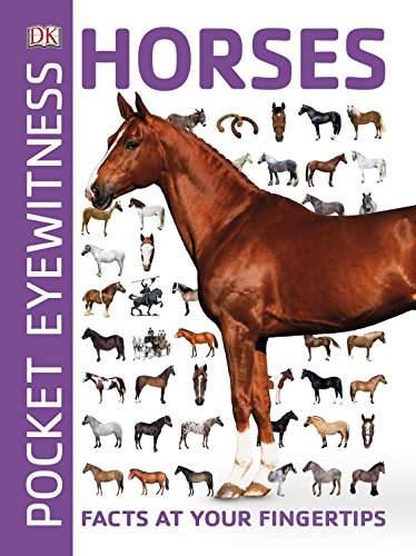 "Book cover featuring a large brown horse and many smaller horse images, with purple accents."
